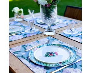 2103 - Blue - White Rose Kumaş Amerikan Servis 4'lü Set