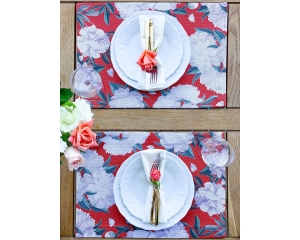 2102 - Red - White Rose Kumaş Amerikan Servis 4'lü Set