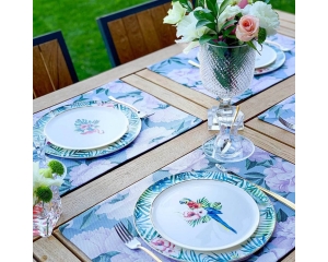 2103 - Blue - White Rose Kumaş Amerikan Servis 4'lü Set